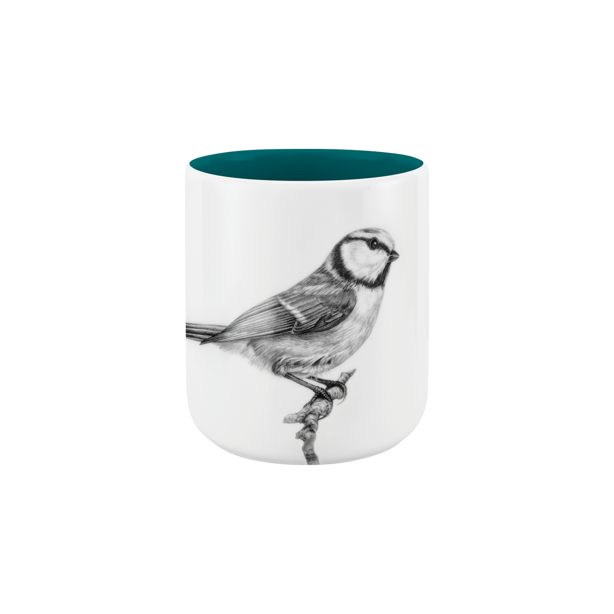 becher ohne henkel . innen farbig . blaumeise auf ast .