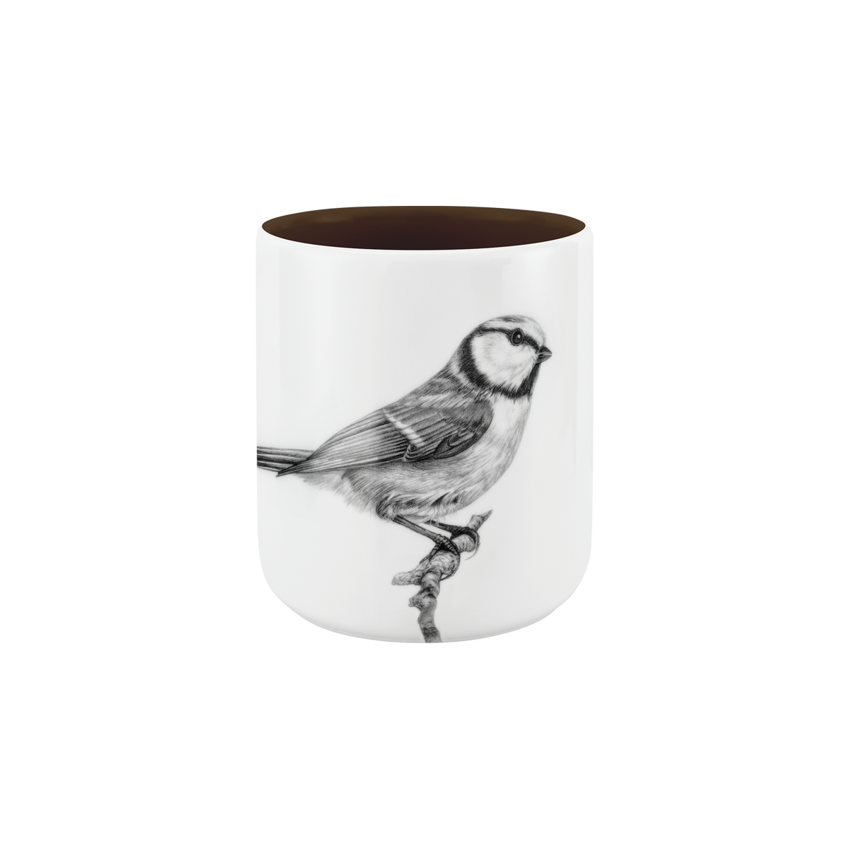 becher ohne henkel . innen farbig . blaumeise auf ast .