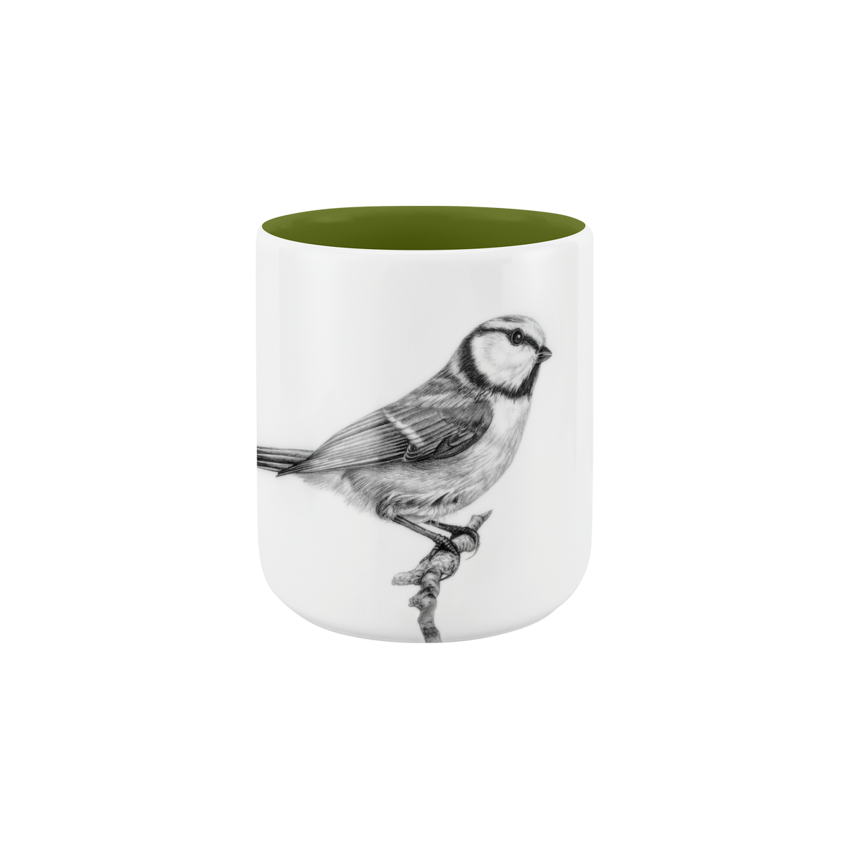 becher ohne henkel . innen farbig . blaumeise auf ast .