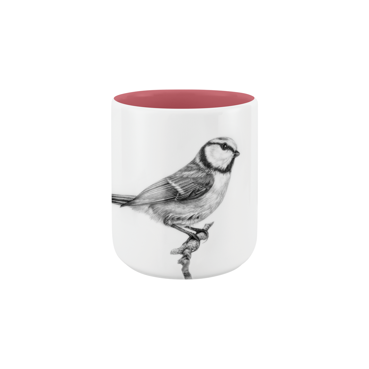 becher ohne henkel . innen farbig . blaumeise auf ast .