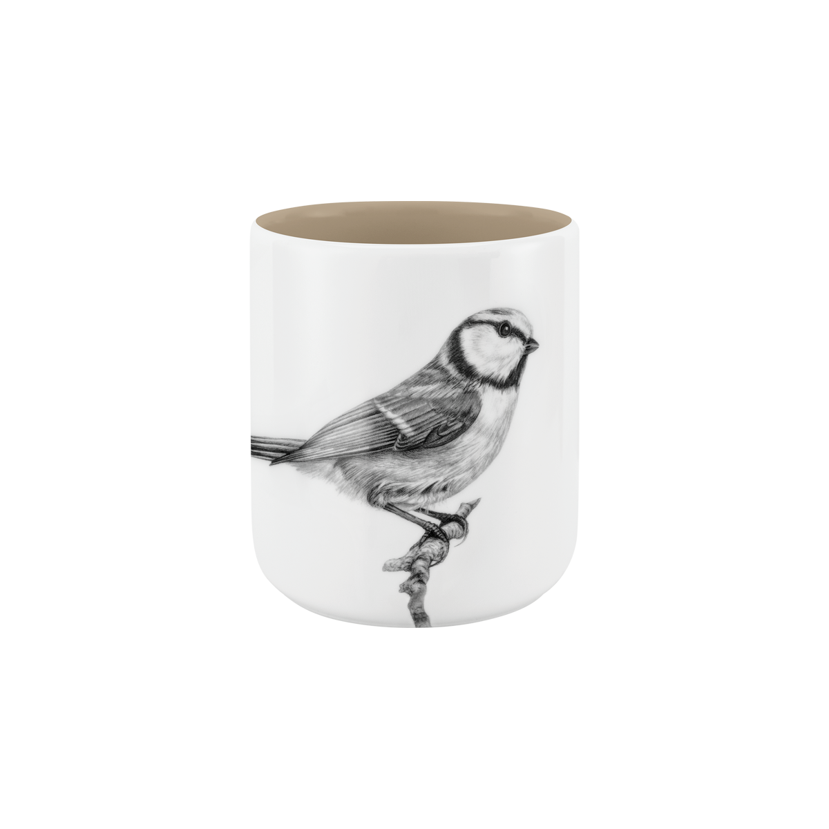 becher ohne henkel . innen farbig . blaumeise auf ast .