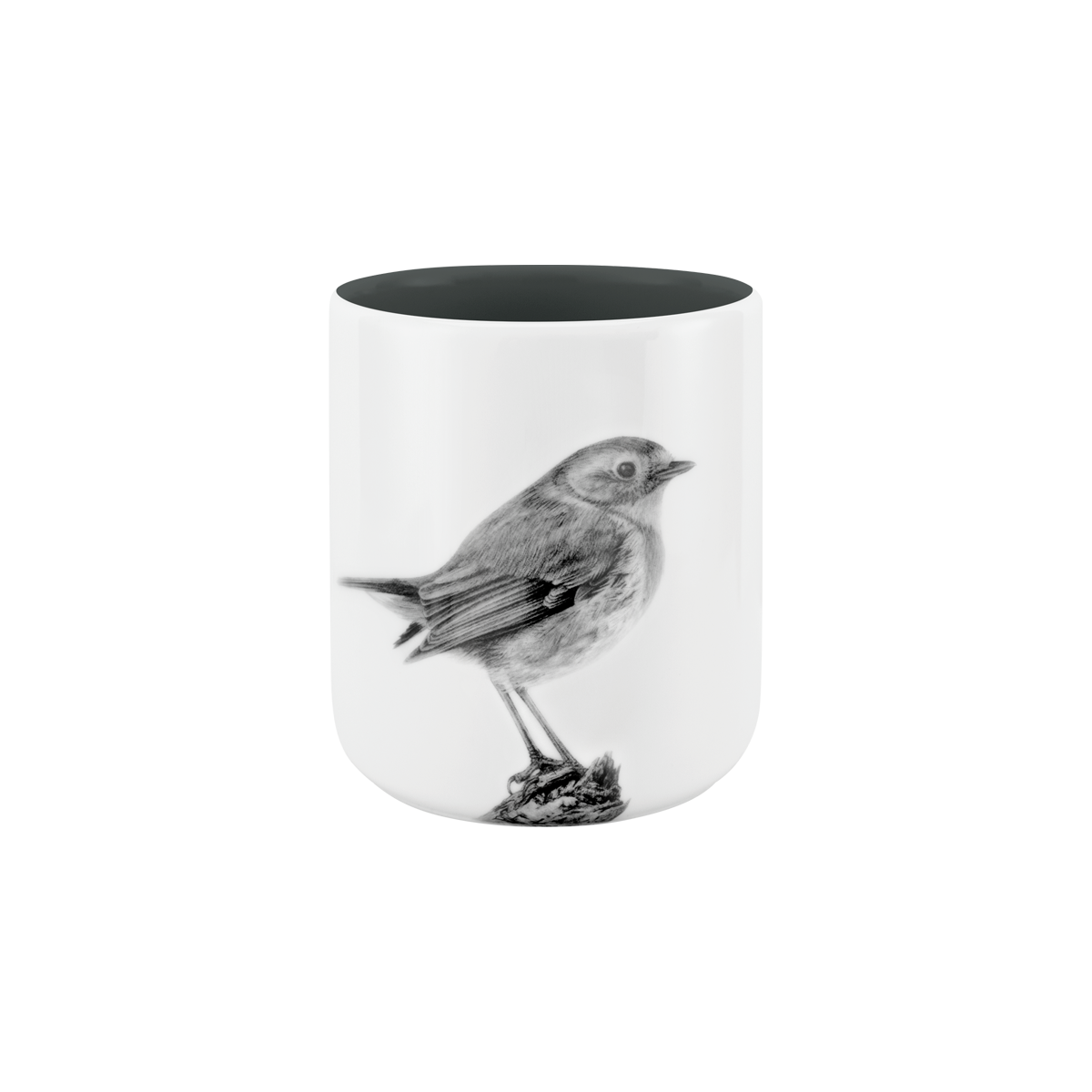 becher ohne henkel . innen farbig . rotkehlchen auf ast .