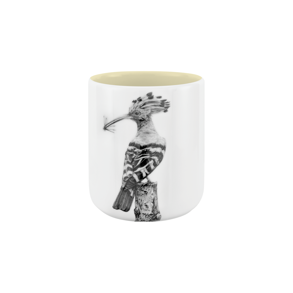 becher ohne henkel . innen farbig . wiedehopf auf ast .