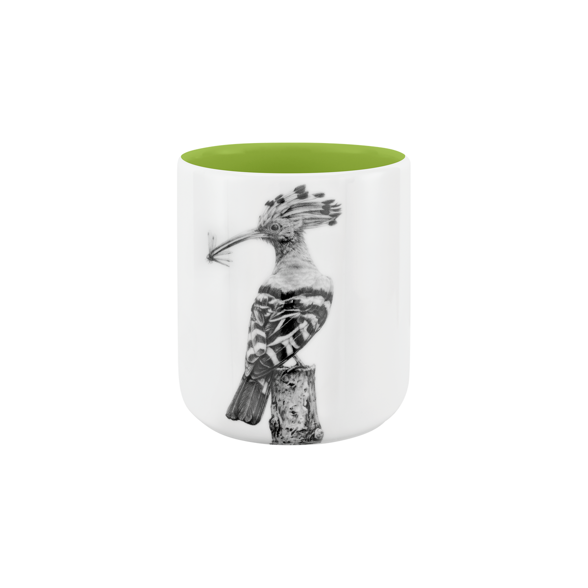 becher ohne henkel . innen farbig . wiedehopf auf ast .