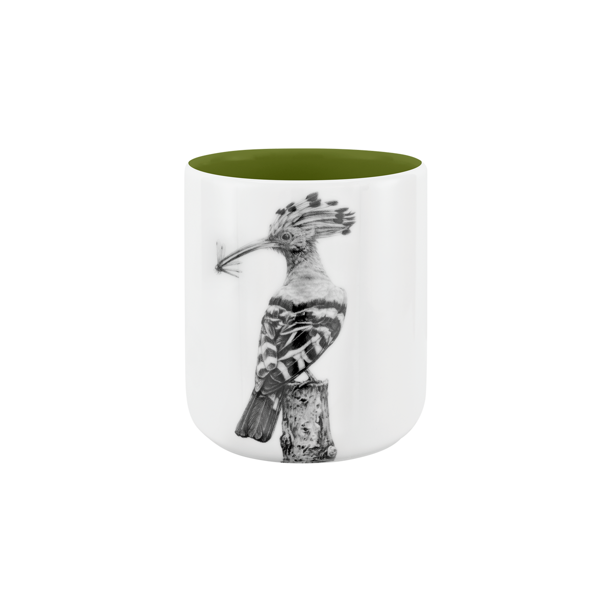 becher ohne henkel . innen farbig . wiedehopf auf ast .