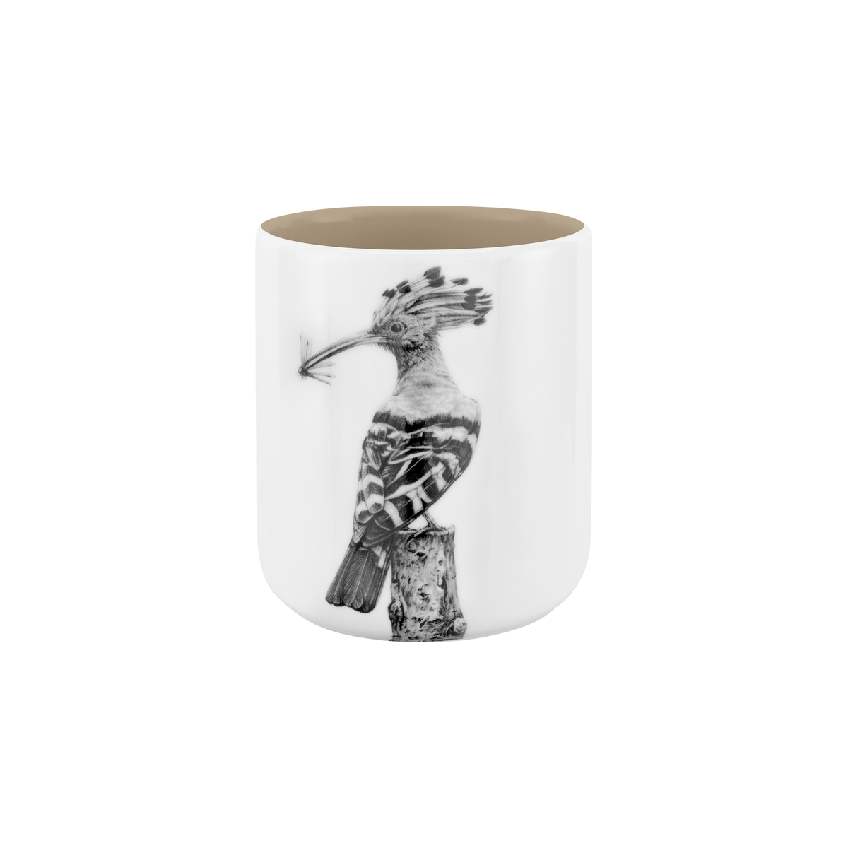 becher ohne henkel . innen farbig . wiedehopf auf ast .