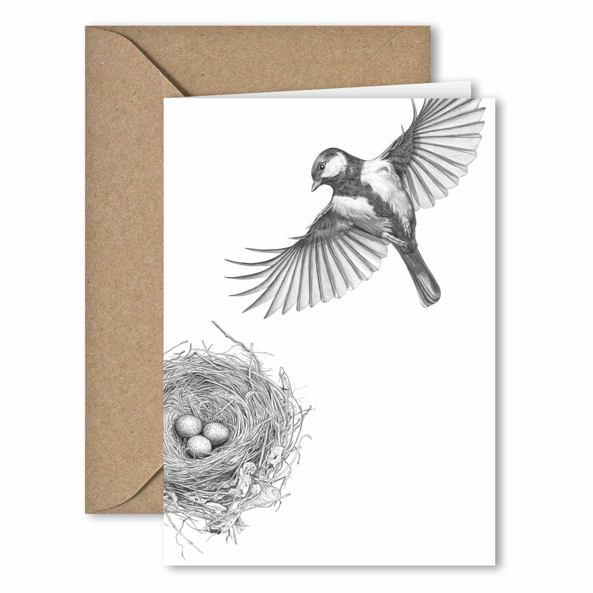 klappkarte mit umschlag . kohlmeise mit nest .