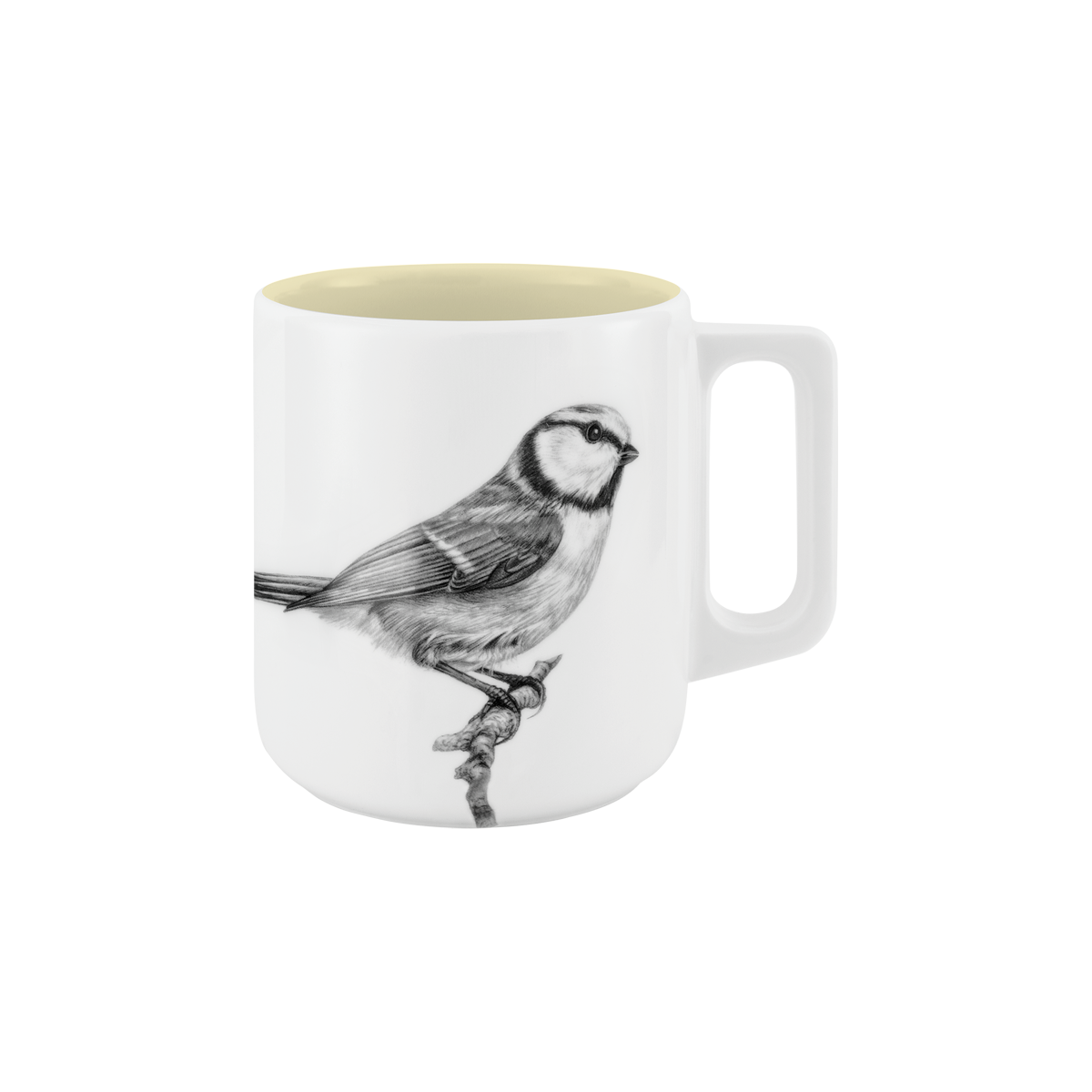 becher mit henkel . innen farbig . blaumeise auf ast .