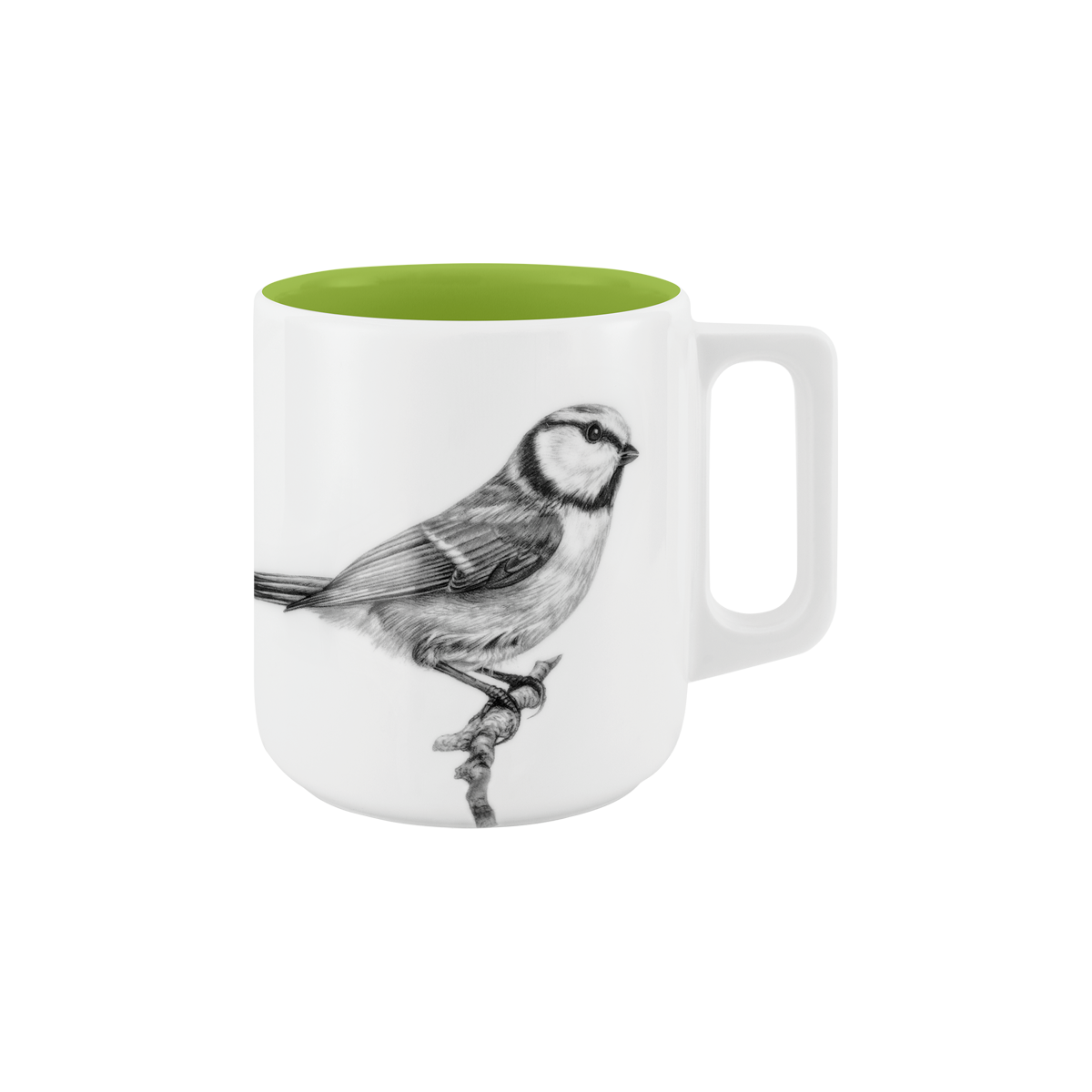 becher mit henkel . innen farbig . blaumeise auf ast .