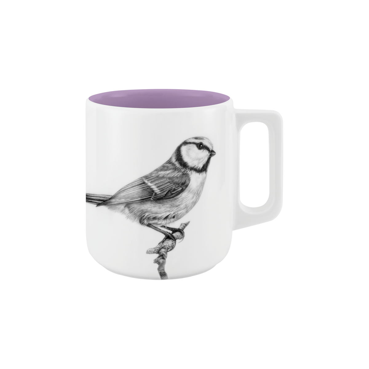 becher mit henkel . innen farbig . blaumeise auf ast .
