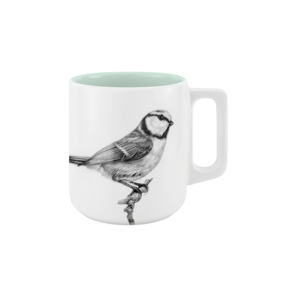 becher mit henkel . innen farbig . blaumeise auf ast .