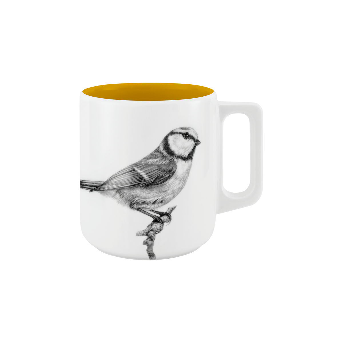 becher mit henkel . innen farbig . blaumeise auf ast .