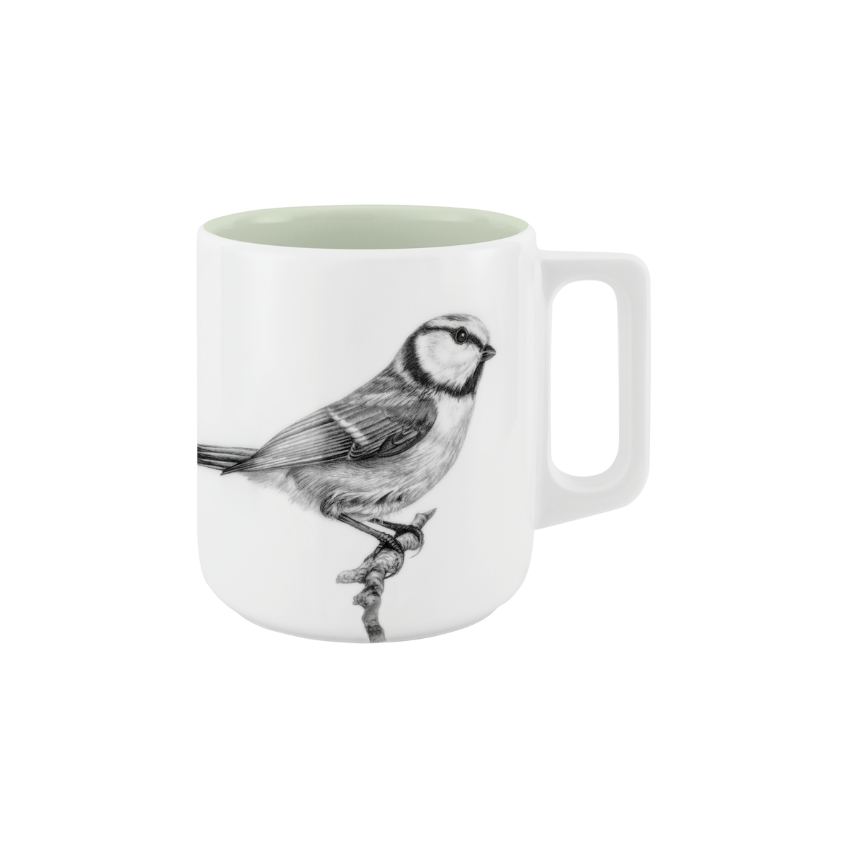 becher mit henkel . innen farbig . blaumeise auf ast .