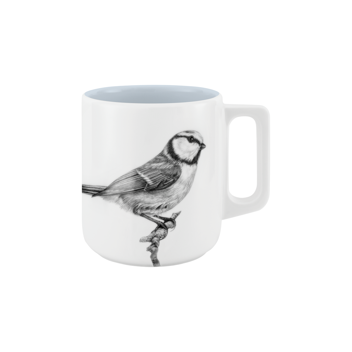 becher mit henkel . innen farbig . blaumeise auf ast .