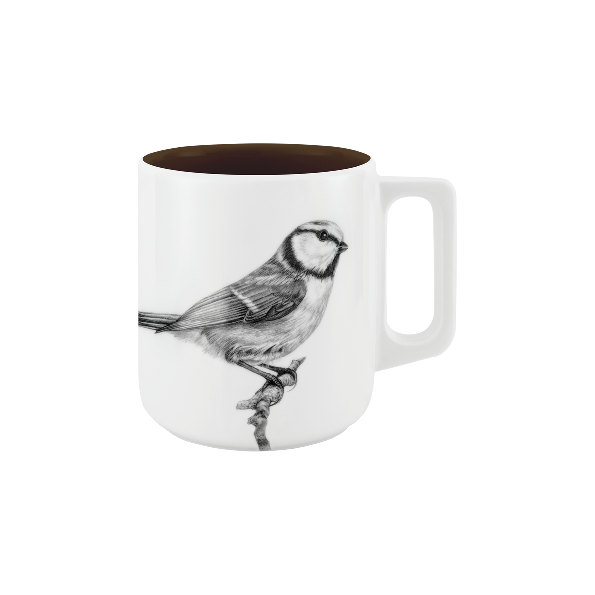 becher mit henkel . innen farbig . blaumeise auf ast .