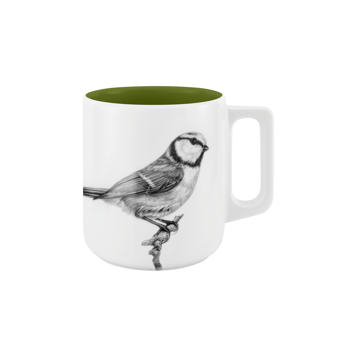 becher mit henkel . innen farbig . blaumeise auf ast .