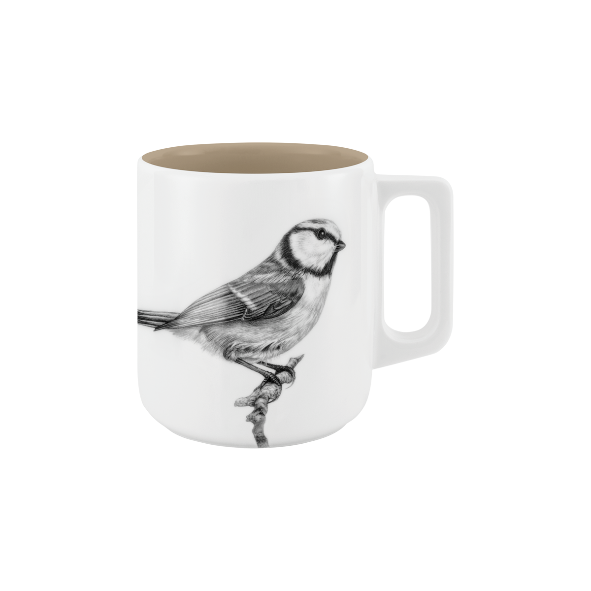 becher mit henkel . innen farbig . blaumeise auf ast .