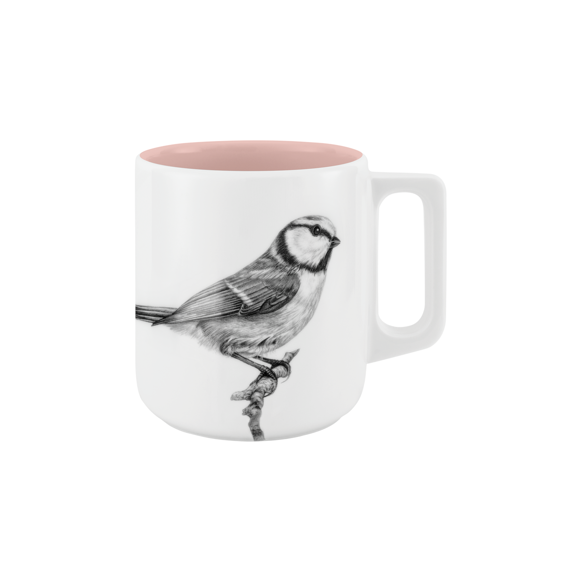 becher mit henkel . innen farbig . blaumeise auf ast .