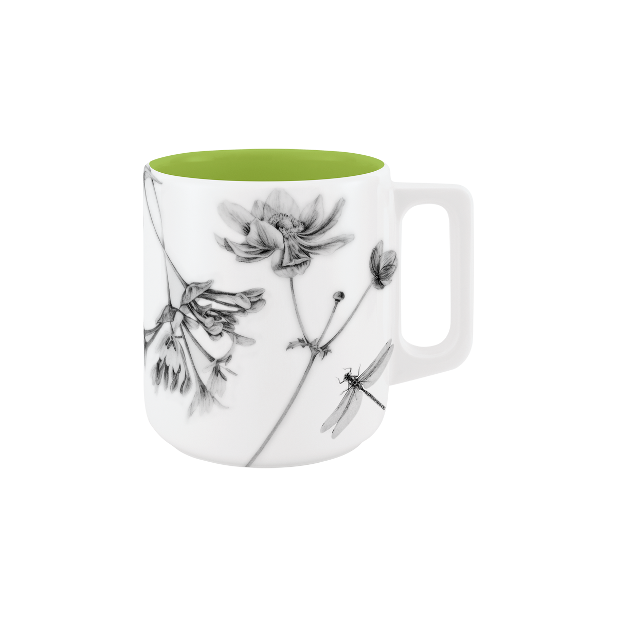 becher mit henkel . innen farbig . im garten .