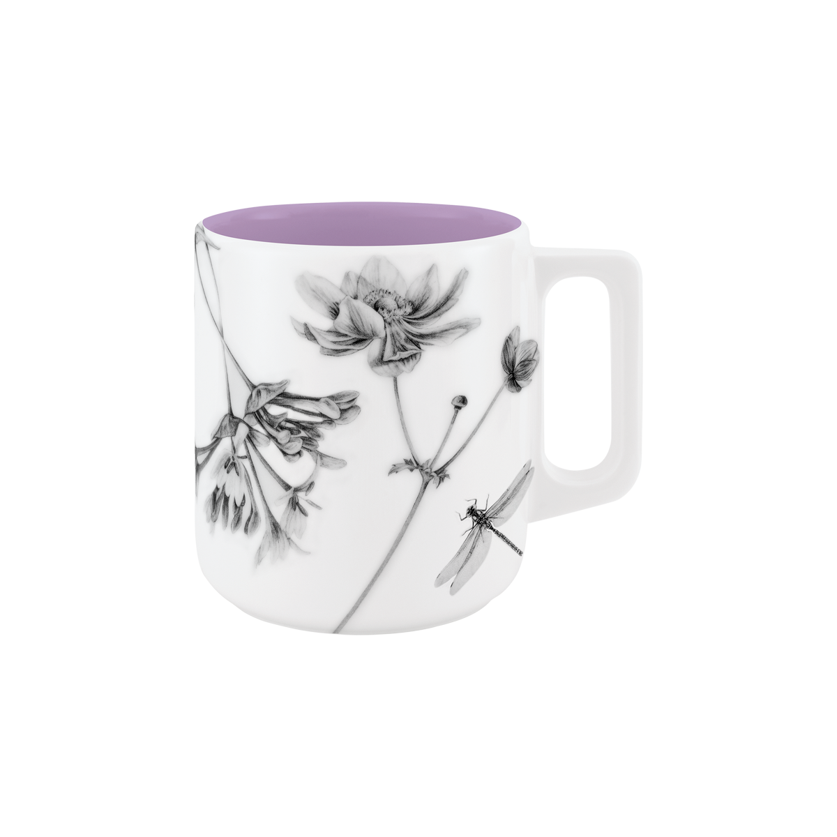 becher mit henkel . innen farbig . im garten .
