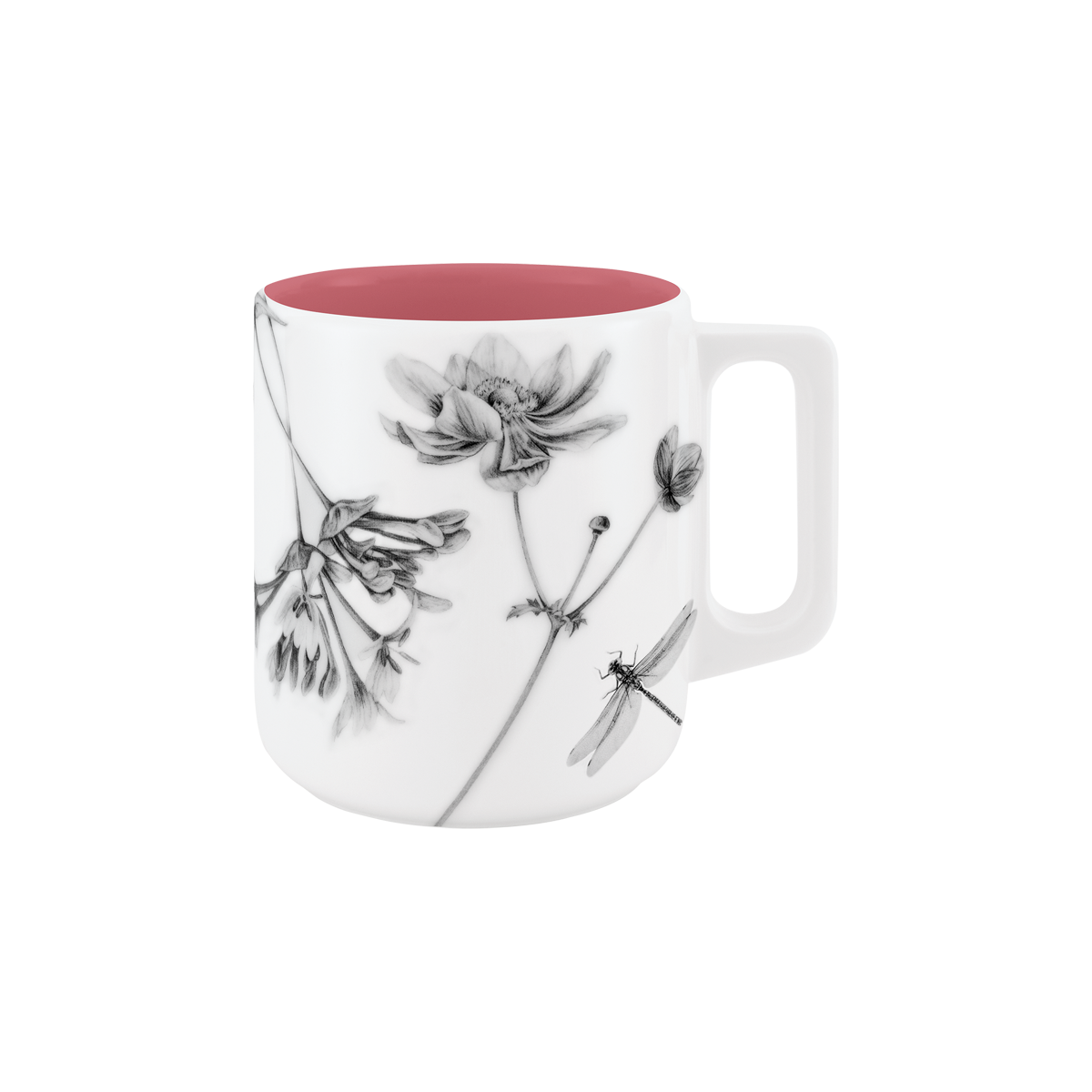 becher mit henkel . innen farbig . im garten .