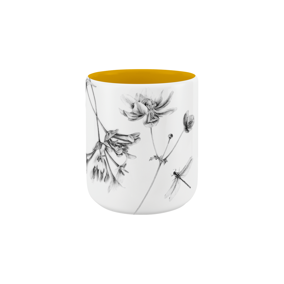 becher ohne henkel . innen farbig . im garten .