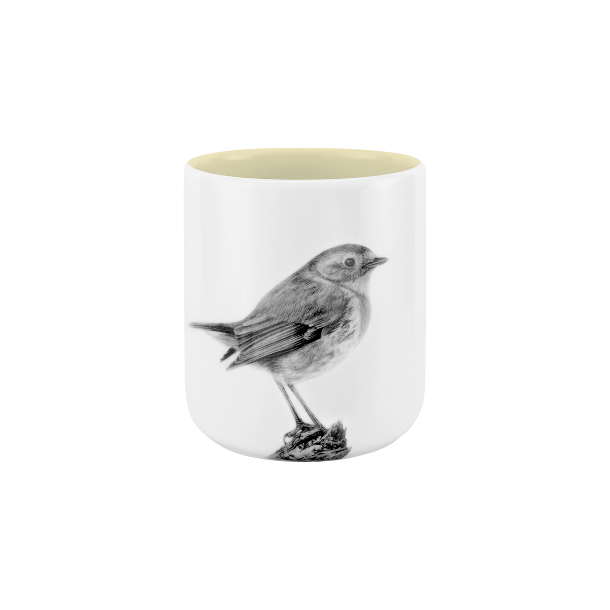becher ohne henkel . innen farbig . rotkehlchen auf ast .