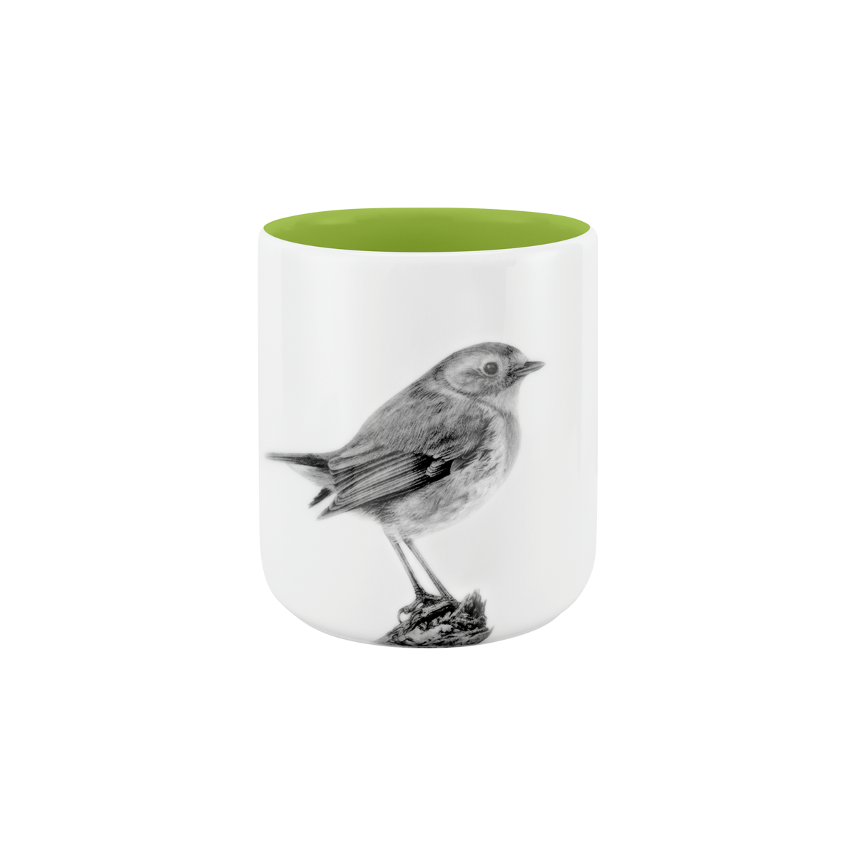 becher ohne henkel . innen farbig . rotkehlchen auf ast .
