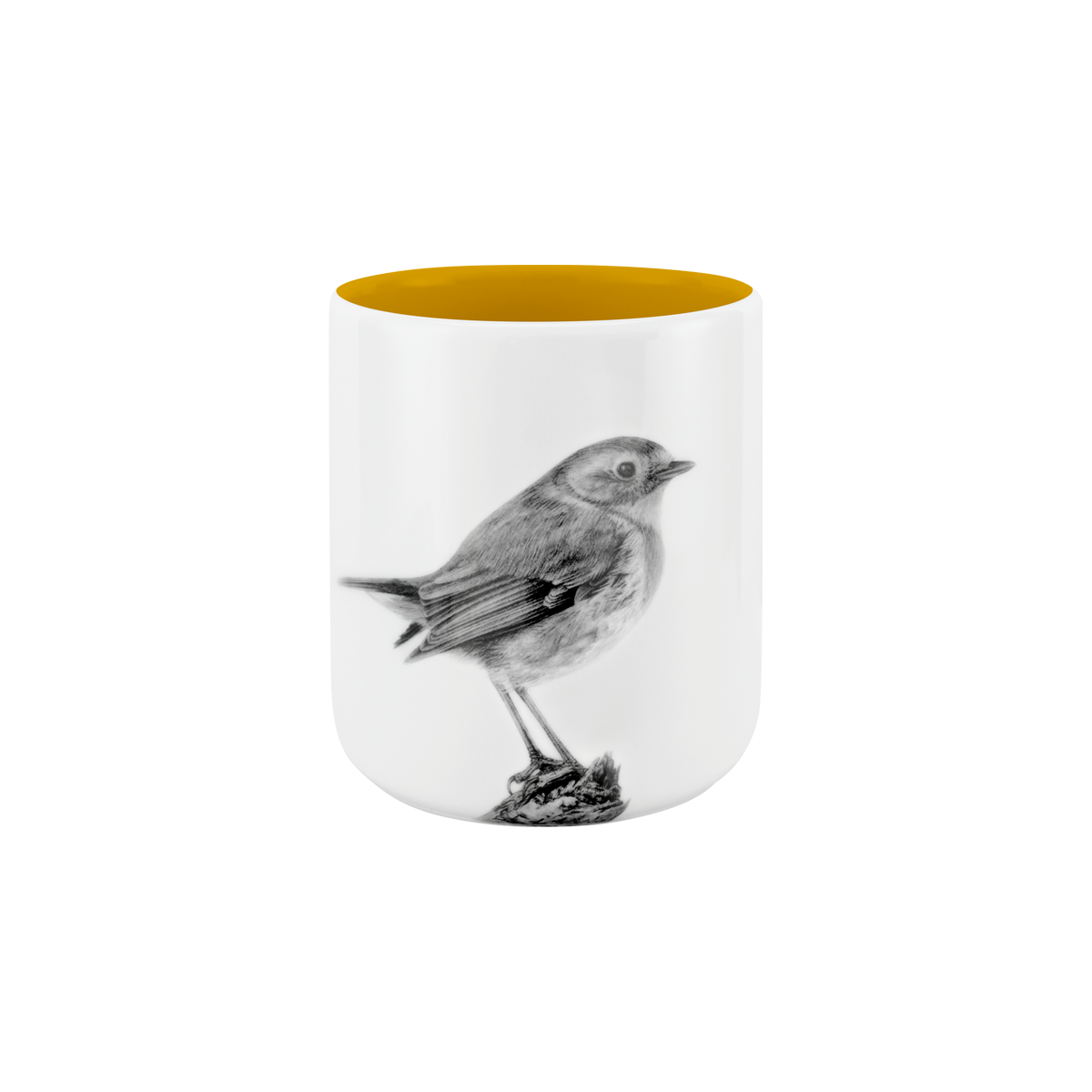 becher ohne henkel . innen farbig . rotkehlchen auf ast .