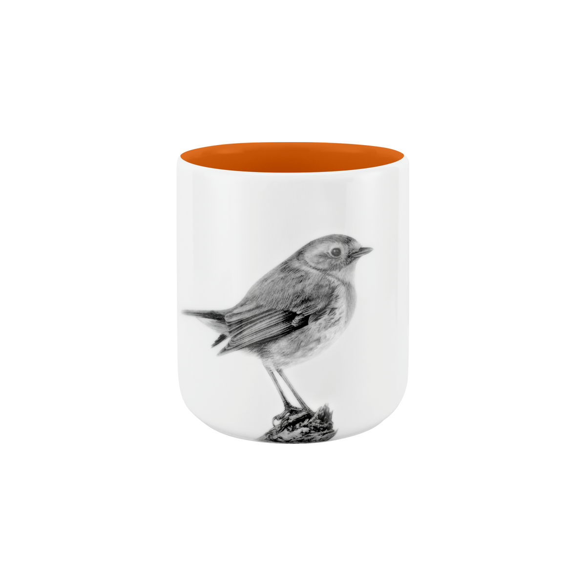 becher ohne henkel . innen farbig . rotkehlchen auf ast .