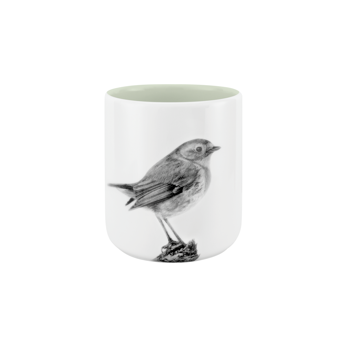 becher ohne henkel . innen farbig . rotkehlchen auf ast .