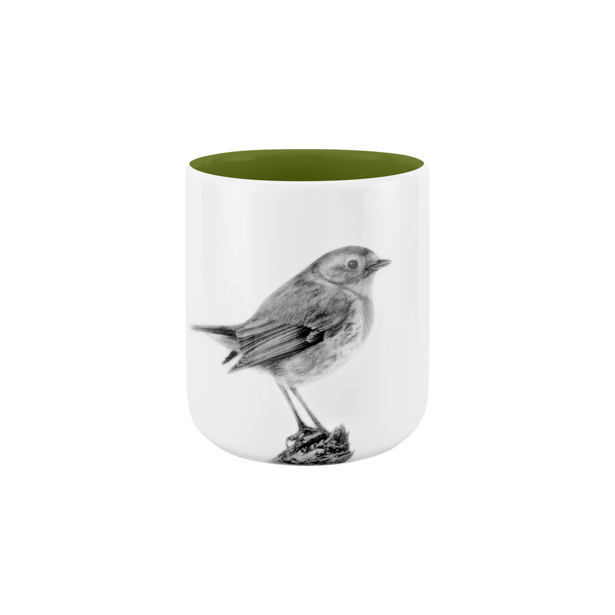 becher ohne henkel . innen farbig . rotkehlchen auf ast .