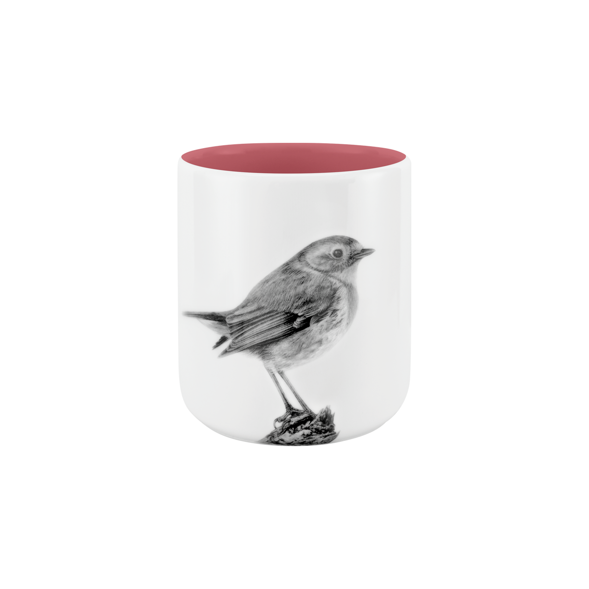 becher ohne henkel . innen farbig . rotkehlchen auf ast .