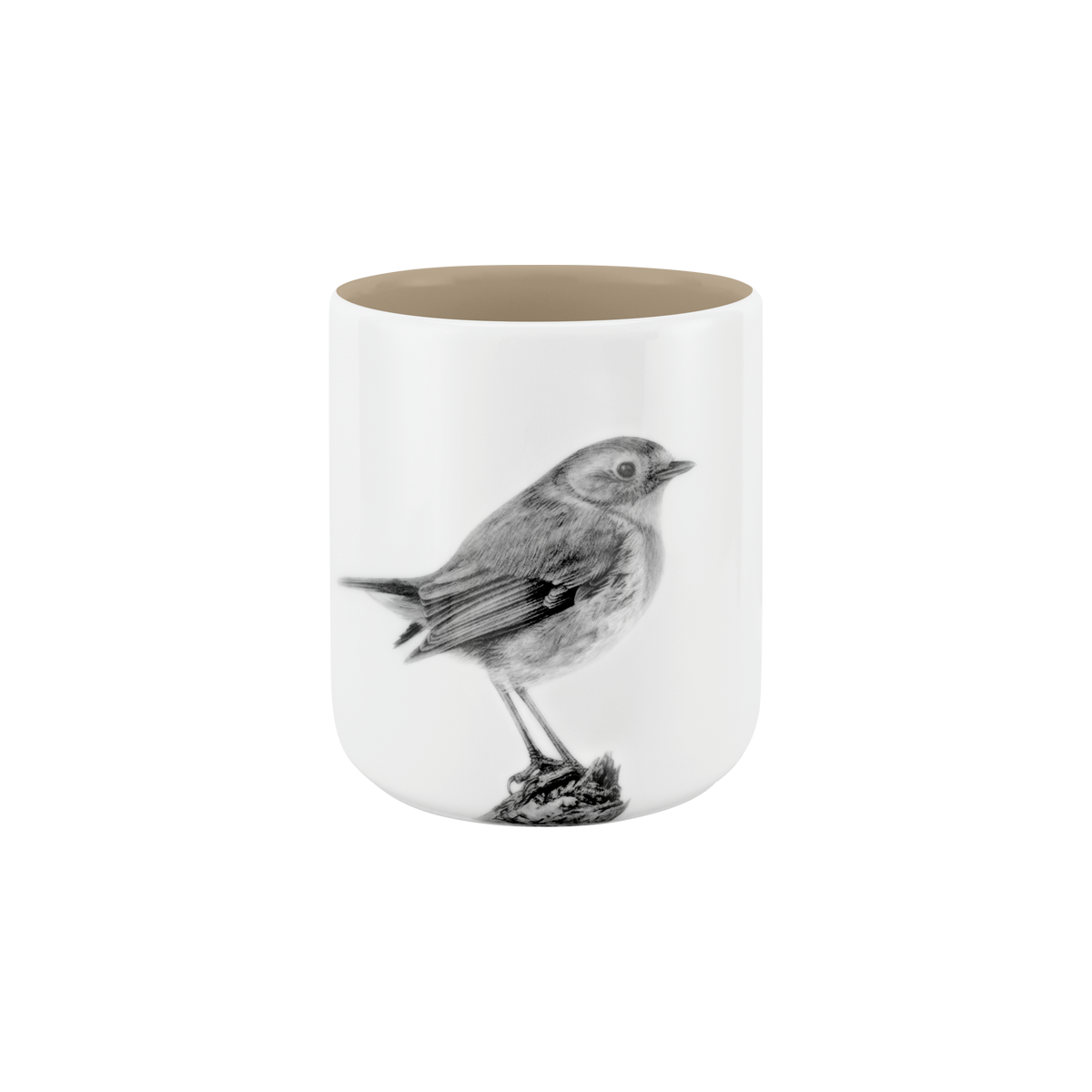 becher ohne henkel . innen farbig . rotkehlchen auf ast .