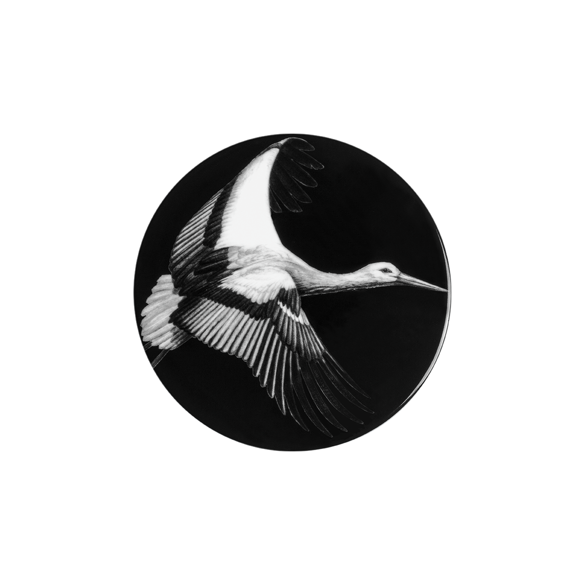 deckel 11 . untersetzer . storch im flug auf schwarz .