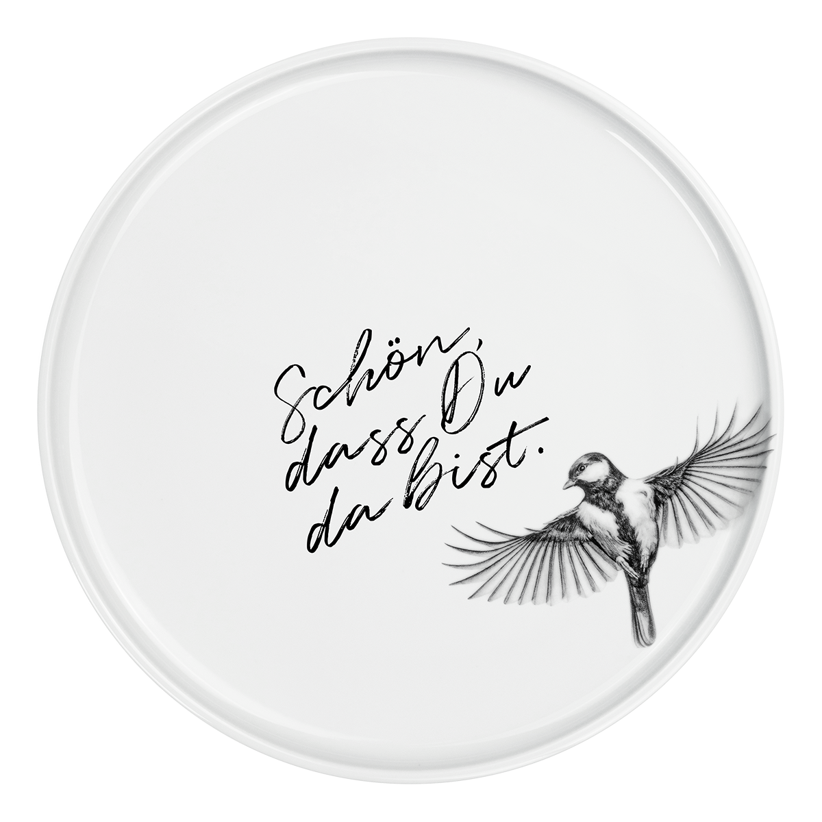 wandteller 28 mit beigelegtem aufhänger . kohlmeise . schön dass du da bist .