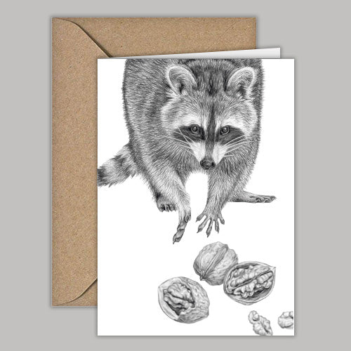 klappkarte mit umschlag . waschbär greift nüsse